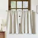 Faux Linen Kitchen Curtains 36 Inch Length Cafe Curtain Tiers for Living Room Bathroom Basement Windows Country Rustic Small Short Curtains, Set of 2, Natural