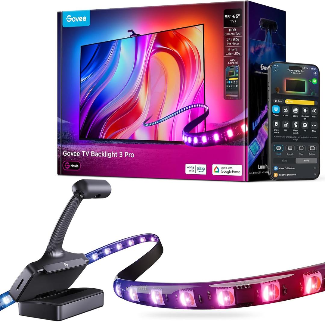 TV Backlight wi
Govee TV Backlight 3 Pro with HDR Triple Camera, 11.8ft 5-in-1 RGBWWIC LED Strip Lights That Change with 55-65 Inch TVs, 75LEDs/m, Supports AI Filter, Smart App and Voice Control, DreamView Sync
th HDR Camera, RGBWWIC LED Strip Lights