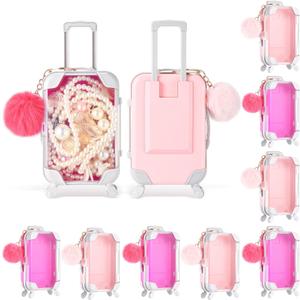 Mini Suitcase Empty Storage Box and Plush Ball Keychain Candy Luggage Containers Packaging Case for Bridal Shower Baby Shower Party Favors Travel Gifts (Pink,Rose Red)
