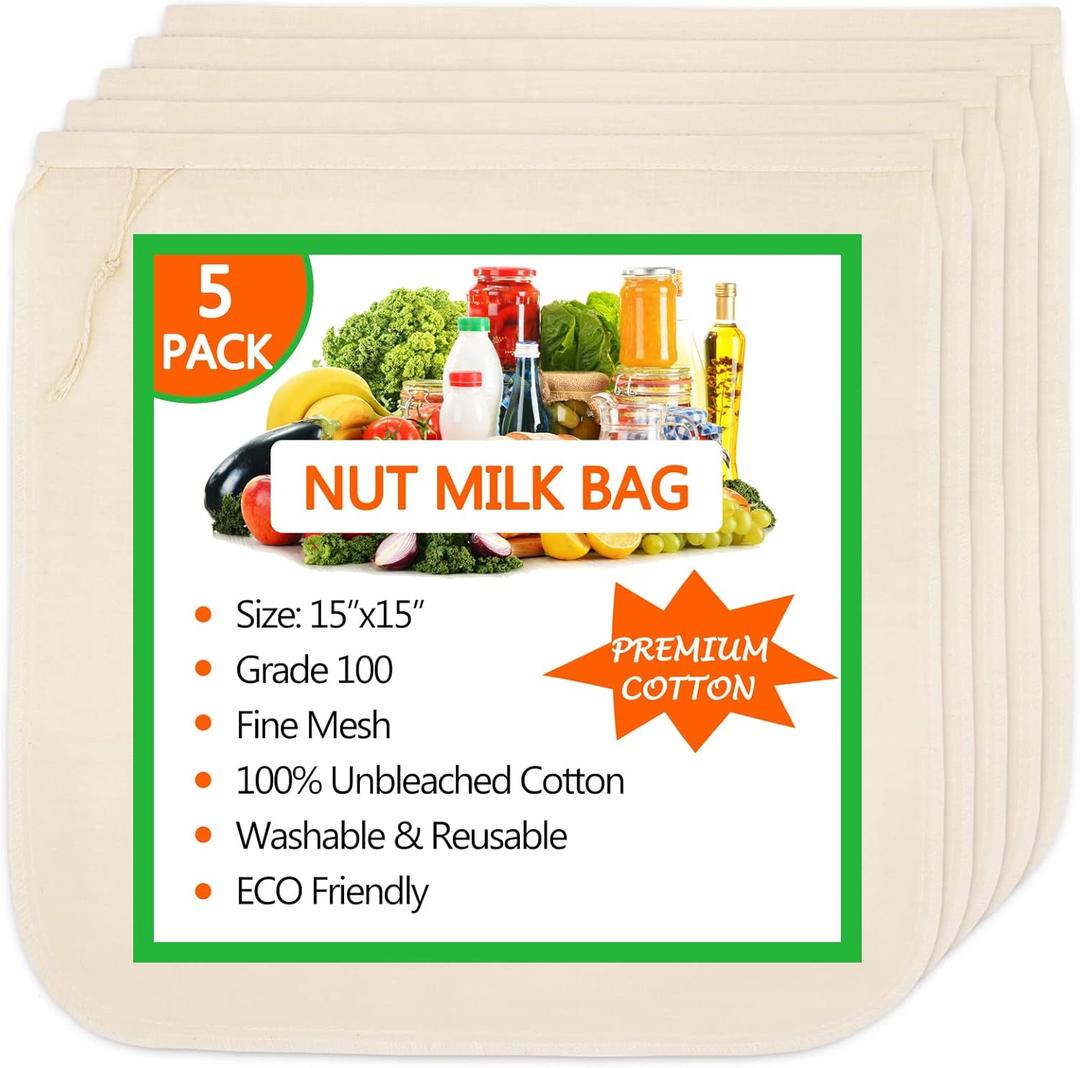 5 Pack Nut Milk Bag 15"x15", Cheesecloth bags for Straining Reusable, 100% Unbleached Cotton Cloth, Almond/Oat/Soy Milk Strainer, Filter Bag for Cheese/Yogurt/Juice/Cold Brew Coffee Wine/Soup