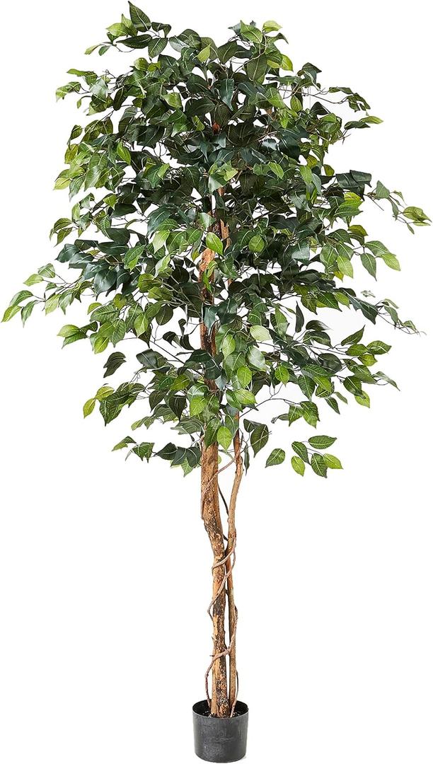 Nearly Natural 6ft Triple Trunk Artificial Ficus Tree with Natural Wood Trunks, Fake Tree for Indoor Home Dcor, Faux Ficus Tree with Black Nursery Pot