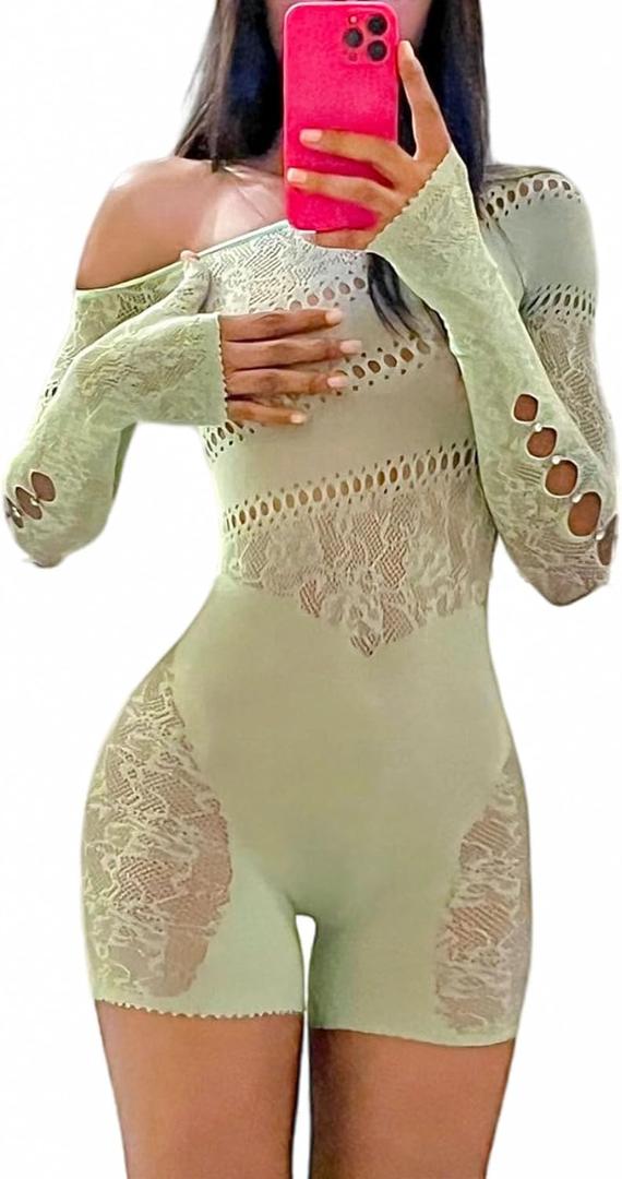 Women's Sexy See Through Long Sleeve Rhinestone Accent One Shoulder Cutout Mesh Lace Bodysuit Jumpsuit (Green)