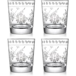 Joeyan Hand Blown Etched Drinking Glasses,Clear Water Glass Cups with Floral Pattern,Aesthetic Tumblers Glassware Set for Beverages Juice Cocktail Whiskey,9 oz,Set of 4,Dishwasher Safe