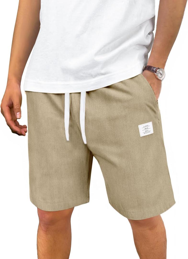 Men's Corduroy Shorts Casual Elastic Drawstring Lightweight Summer Beach Shorts with Pockets (XXXL)
