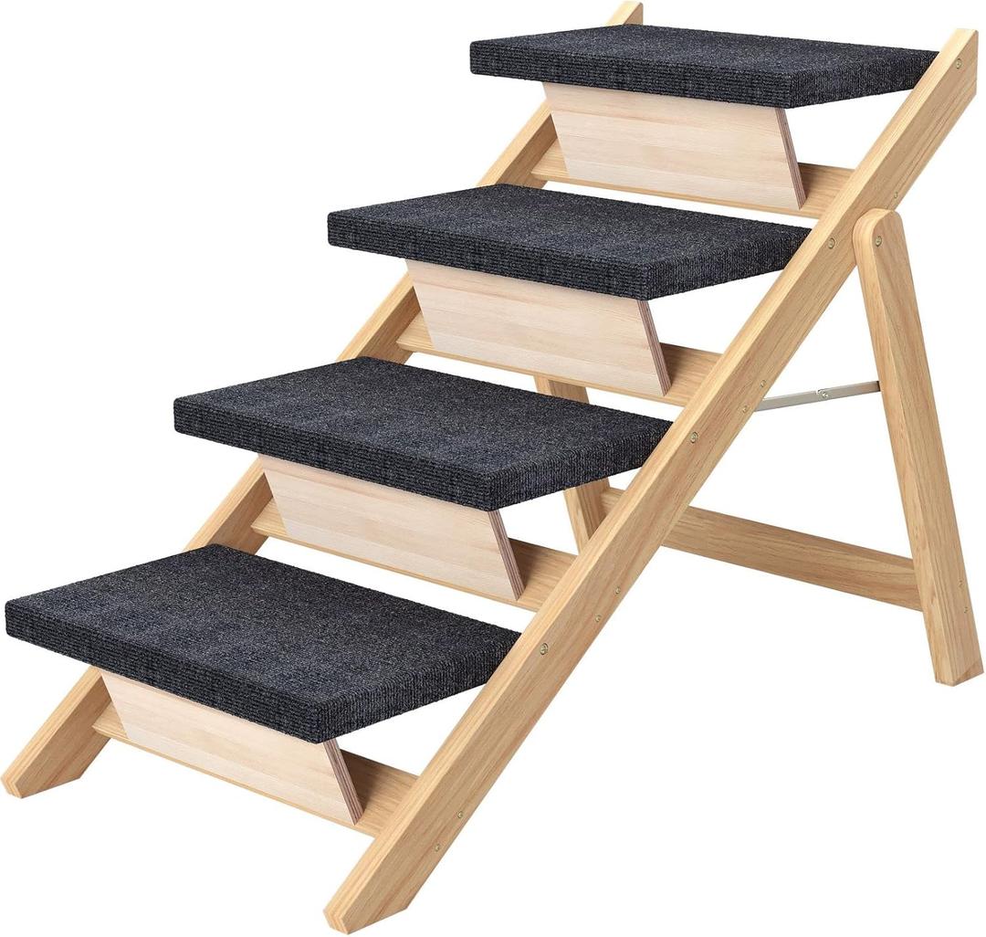 Pet Stairs/Steps, Large Dogs Steps for High Beds, Sofa, Couch, Car, 2-in-1 Foldable Wood Dog Ramp with Non-Slip Pads, Safety, Durable Portable Dog/Cat Ladder Up to 110 lbs, 4 Steps