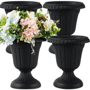 Zhehao 4 Pcs Plastic Urn Planter 10 x 11.5 Inch Black Classic Flower Pots Front Porch Planters Indoor Outdoor Planters with Pedestal for Wedding Party Bridal Shower Garden Patio Home Decor