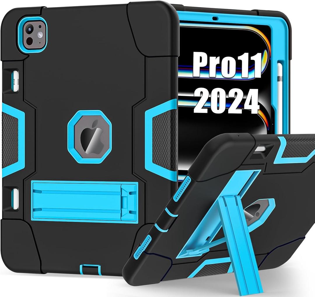 TSQQST for iPad Pro 11 Inch Case M4 5th Generation 2024, iPad Pro 11 Case with Pencil Holder+Stand, Full-Body Protective Rugged Shockproof Cover for iPad Pro 11 Inch 5th Gen, Black Blue