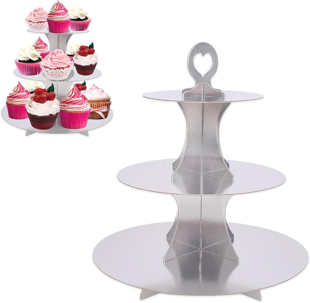 3-Tier Cardboard Cupcake Stand - 2 PCS Round Cupcake Stand Tower,White Cup Cake Tier Holder Stand Dessert Tower for Themed Part,Parties Shower,Dessert Display (Silver-Round)