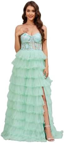 NIKBK Tiered Tulle Prom Dresses Long Ball Gown A-Line Ruffle Strapless Corset Sparkly Formal Evening Dress with Slit Size L
