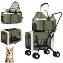 Double Pet Stroller for Dogs and Cats: Dog Stroller Foldable Travel Carriage with Detachable Carriers, Safety Belts, and 4 Lockable Wheels for Small to Medium Pets Ideal for Multi-Pet Homes (Green)