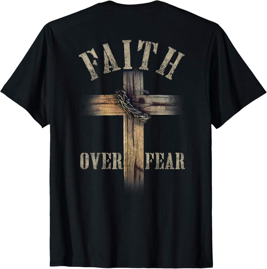 Faith Over Fear American Christian Cross God Jesus (on Back) T-Shirt Small