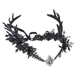 MOSTORY Black Flower Antler Crown - Dark Reindeer Headpiece Gothic Elf Circlet Deer Horns Headband for Women Cosplay Renaissance Goth Wedding Renfaire Accessory