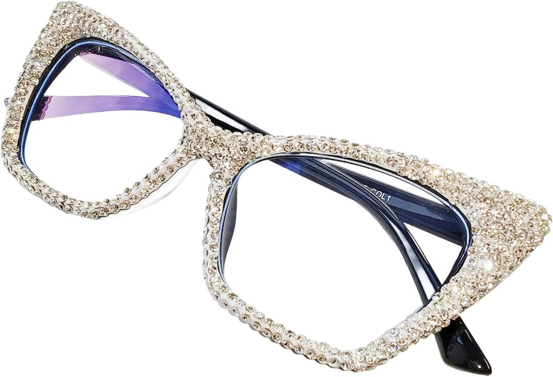 ICARA Rhinestone Cat Eye Reading Glasses Womens Cute Computer Blue Light Blocking Rhinestone Readers Glasses (White, 2.5, x)