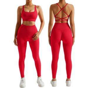 RXRXCOCO Ribbed Workout Sets for Women 2 Piece Backless Strappy Sports Bra Seamless Leggings Matching Set Yoga Outfits (Small, Red)