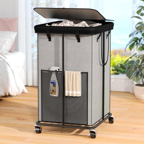 160L Laundry Hamper with Lid, Rolling Laundry Basket with Wheels, Large & Tall Dirty Clothes Hamper with Metal Frame and Removable Bag for Bedroom Aesthetic, Laundry Room, Bathroom, Dorm-Grey
