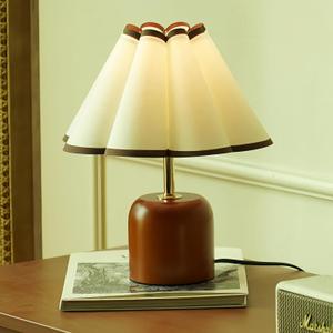 Cute Small Table Lamp, Vintage Mid Century Modern Bedside Nightstand Lamp with Coffee Fabric Lampshade,Solid Wood Base Brown for Bedroom Home Office Decor (Without Buld)