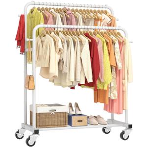 Laiensia Double Rods Garment Rack with Wheels, Clothing Rack for Hanging Clothes,4 Hooks, Multi-functional Bedroom Clothes Rack, White