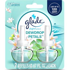 Glade PlugIns Refills Air Freshener, Dewdrop Petals, Scented and Essential Oils for Home and Bathroom, 0.67 Fl Oz, 2 Count