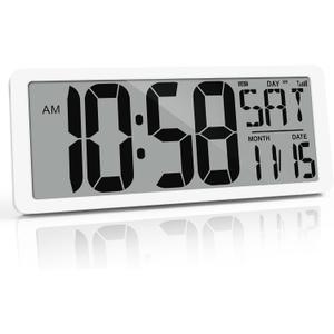 Digital Atomic Clock Never Needs Setting, 14.2 Wall Clock, Large Display Clock Battery Operated with Temp, Date,Timer, DST, for Living Room, Bedroom, Classroom White