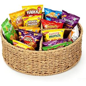 Snack Bar Organizer,Snack Organizer for Pantry Shelf with 4-Compartment Dividers,Rattan Removable Partition Pantry Snacks Organizers and Storage Bin for Storing Chips,Cookies,Popcorn and More