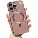 Designed for iPhone 15 Magnetic Glitter Case, Cute with Camera Lens Protector, Compatible with MagSafe, Soft TPU Slim Shockproof Clear Protective Phone Case Cover for Women Girls, Pink