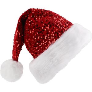 Red Sequin Santa Hat for Women Men Adults, Large Glitter Plush Santa Claus Hat, Sparkly Christmas Party Accessory, Holiday Headwear with Comfort Liner