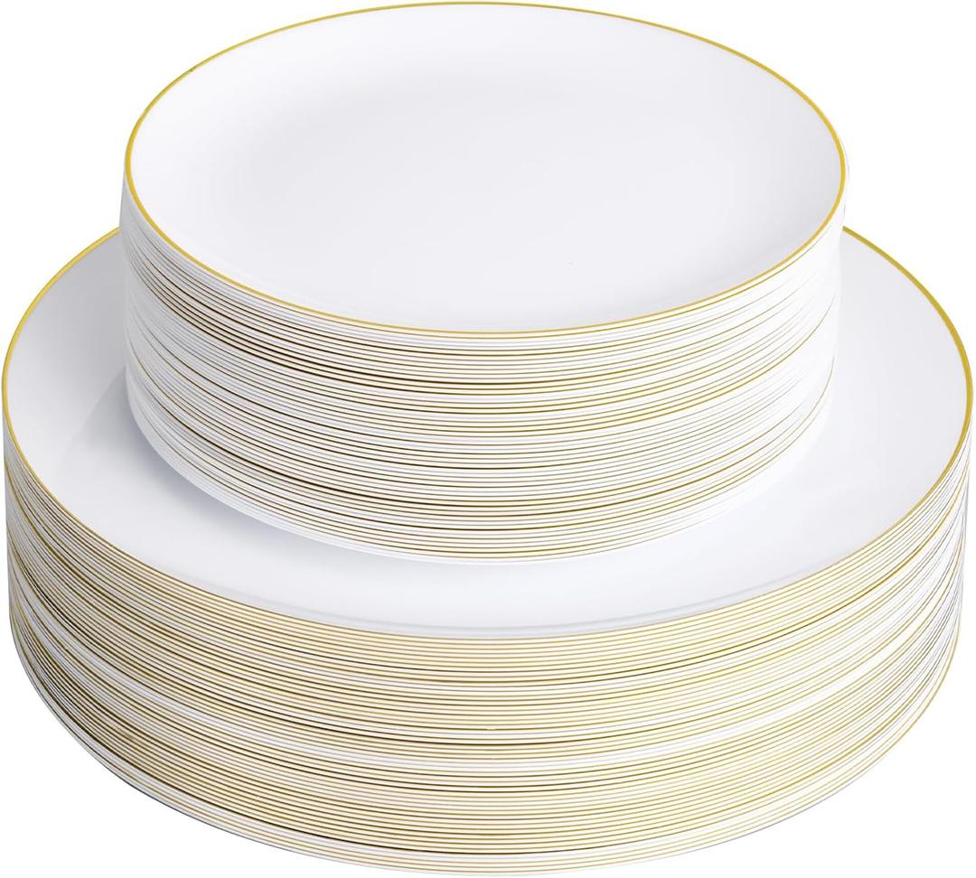 100PCS White Plastic Plates with Gold Rim, White Gold Disposable Plates for Party, Wedding, Include 50 Dinner Plates, 50 Dessert Plates for 50 Guests