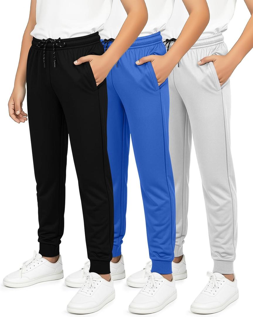 Real Essentials 3 Pack: Boy's Mesh Jogger Sweatpants - Youth Kids Baseball Football Athletic Pants with Pockets