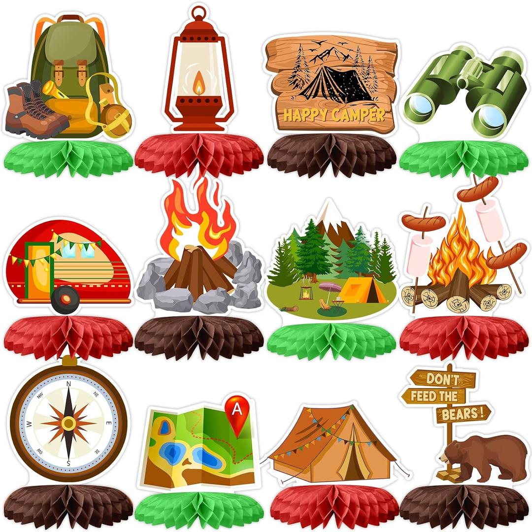 Tarklanda 12 Pcs Camping Party Honeycomb Centerpieces Campfire Adventure Party Table Decorations 3D Honeycomb Birthday Supplies Photo Props
