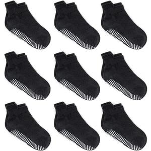 Zaples Baby Non Slip Grip Ankle Socks with Non Skid Soles for Infants Toddlers Kids Boys Girls (4-7 Years, Black - 9 Pairs)