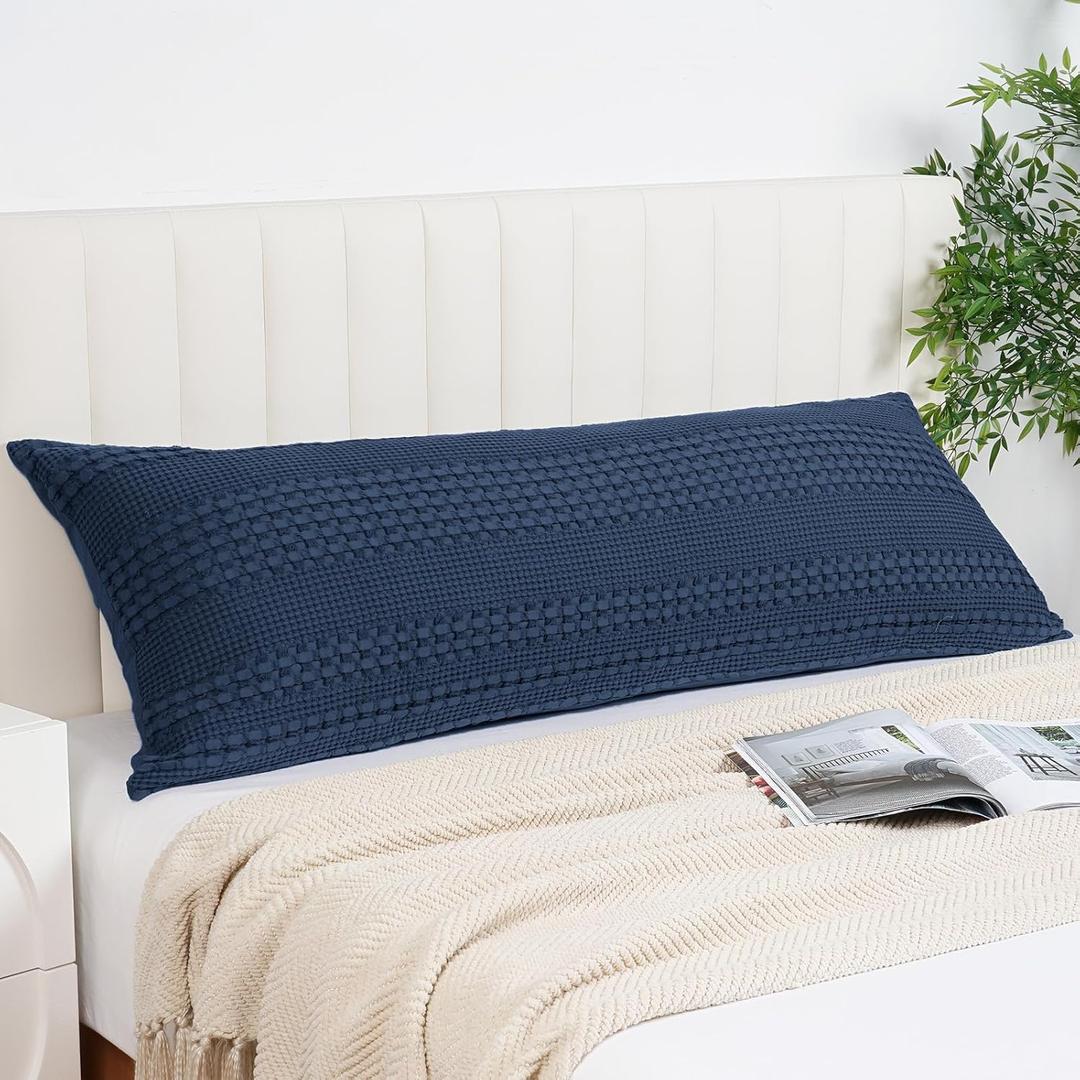 PHF 100% Cotton Waffle Body Pillowcase with Zipper, 1 Pack 20" x 54" Soft Skin-friendly Pillow Sham, No Filling, Aesthetic Woven and Breathable Waffle Weave Body Pillow Cover for Bed, Bright Navy Blue