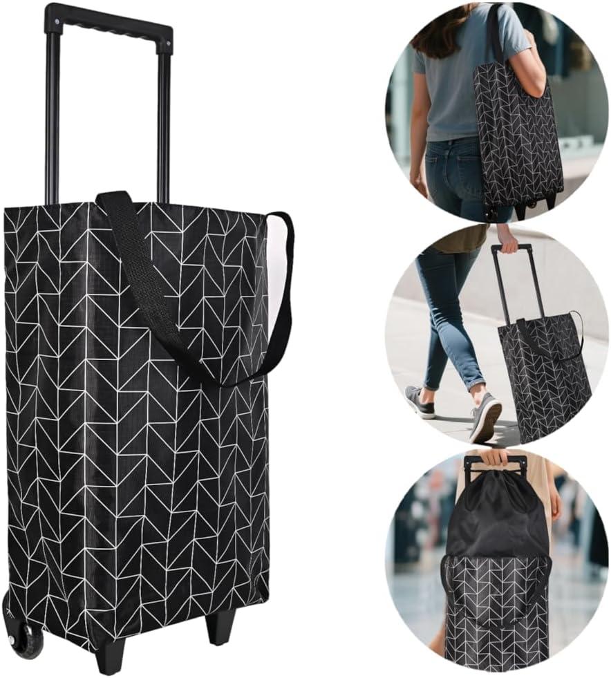 Small Collapsible Shopping Cart,Shopping Cart with Wheels,Folding Portable Bag,Waterproof Rolling Bag,Trolley Tote Stair Climbing for Traveling,Gift for Women,Older (Black,Expandable Bag)