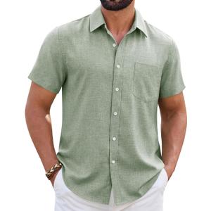 Mens Linen Shirt Short Sleeve Wrinkle Free Casual Untucked Button Down Shirts Beach Breathable Tops Summer (Green, L)