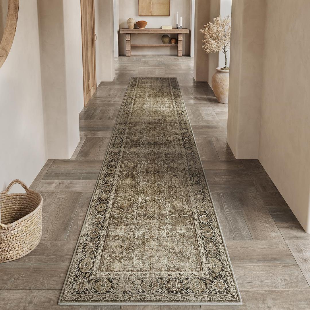 PureCozy Brown Runner Rug 2x10 Vintage Area Carpet Hallway Long Indoor Kitchen Washable Living Room Low Pile Traditional Distressed Retro Accent Throw Rug Non Slip Laundry Bathroom Office Dining Room