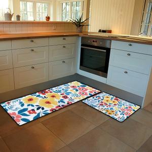 Kitchen Rugs and Mats Set of 2 Pieces Anti Fatigue Standing Mat Multicolor Floral Blue Leaves Summer Spring Non Slip Washable Comfort Flooring Carpet Runner for Kitchen Home