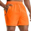 MIER Mens 5 Inch Shorts for Running Athletic Workout Dry Fit Gym Training Shorts with Zipper Pockets, No Liner (Large, Neon Orange)