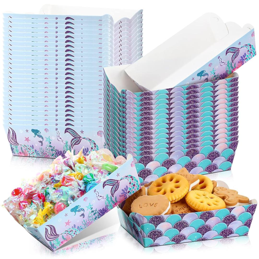 Pinkunn 60 Pack Mermaid Food Trays Mermaid Themed Nacho Hot Dog Trays, Paperboard Food Boats for Birthday Party Decorations