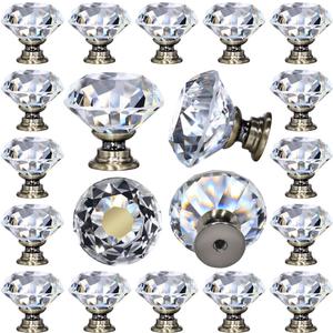 12 Packs Crystal Cabinet Knobs Drawer Pulls and Knobs Diamond Dresser Handles Crystal Pulls for Drawers - 30 mm Clear Glass Cabinet Knob with Bronze Base
