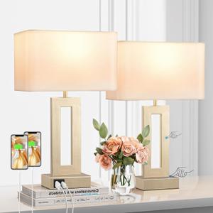 Gold Table Lamps Set of 2, 16.4" Bedside Lamps for Nightstand with USB C+A | 3 Way Dimmable, Touch Night Stand Lamp with Charging Station for Bedroom, Dorm, Living Room, Desk, LED Bulb Included