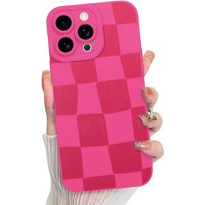 KANGHAR Compatible with iPhone 13 Pro Max Case, Silicone Checkered Cute Pattern, Camera Protection Soft Slim Phone Case for Girls Women -Hot Pink