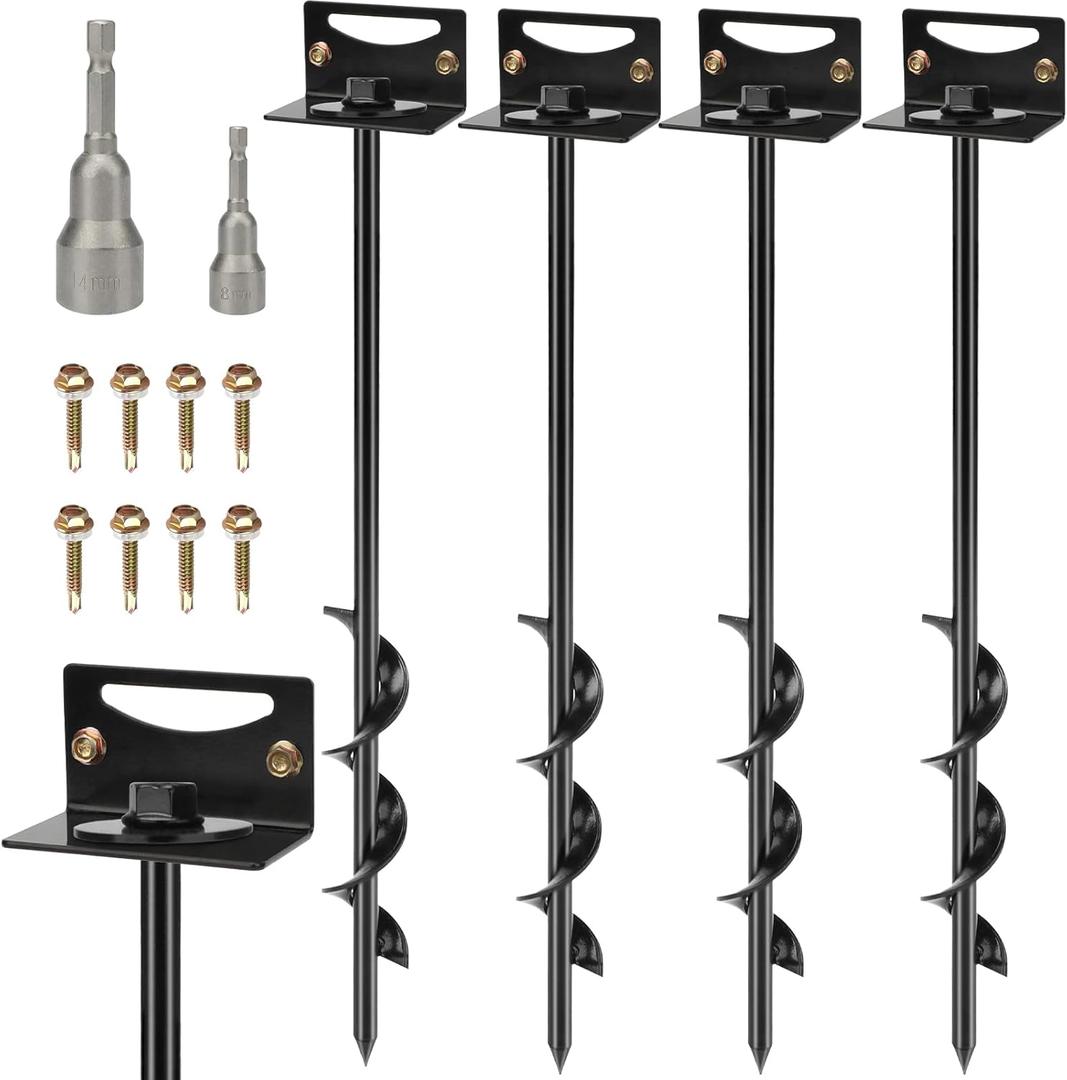 24'' Mobile Home Anchors, Set of 4 Ground Anchors Screw in with Brackets and Drill Bit Storage Shed Anchor Kit Swing Anchor Kits Heavy Duty Spiral Garden Earth Anchors for Trampoline Fence (Black)