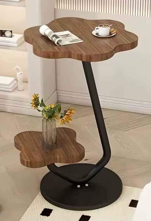 Floral Petal Design Side Table, 2-tier Cream Side Table with Metal Base, Minimalist Side Table for Living Room Sofa, Small Space