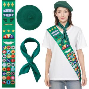 3 Pcs Scout Costume Set for Women and Girls Cosplay Uniform with Square Neck Scarf Satin Sash French Beret Hat