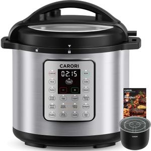 CARORI 1200W 12-in-1 Electric Pressure Cooker 8Qt, Stainless Steel Pressure Cooker, Slow Cook Rice Cooker Steamer Saut, Yogurt Maker, Warmer & Sterilizer with Recipe, Safer Venting Design, Sliver
