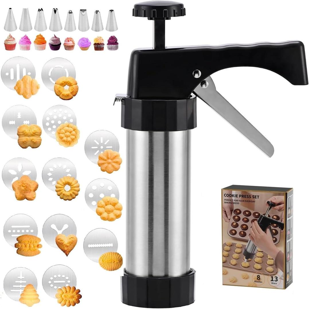 EooUooIP Cookie Press Kit, Spritz Cookie Press, Stainless Steel Cookies Maker with 13 Discs, 8 Piping Tips for DIY Christmas Cookies, Baking and Decorating