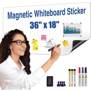 HeatPomelo Magnetic Whiteboard Sticker - Adhesive Backing 36'' x 18'' Dry Erase Board for Wall Whiteboard Contact Paper for Office Home Include Starter Kit