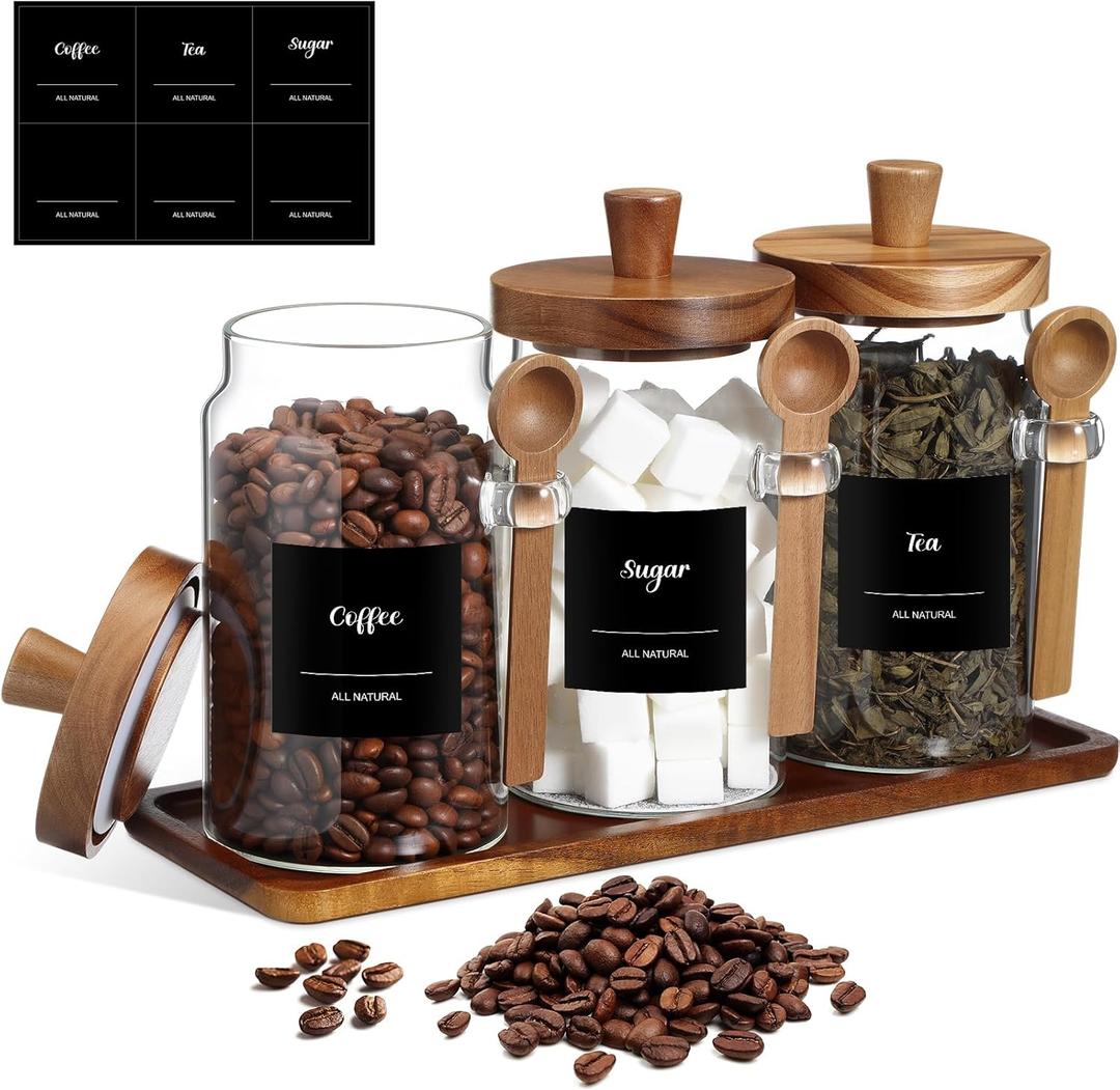 Suclain 3 Pcs Glass Coffee Container with Wooden Lid Spoon Shelf Labels Clear Airtight Jar Food Storage Canister Set for Sugar Spice Coffee Bean Holder Housewarming Gift(25 oz,Acacia Brown)