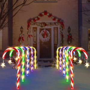 DAMEING 10 Pack 21in Christmas Candy Cane Lights, Pathway Lights Waterproof Christmas Decorations Outdoor 8 Lighting Modes for Party Patio Landscape Garden Lawn Yard Decor, Multi-Color