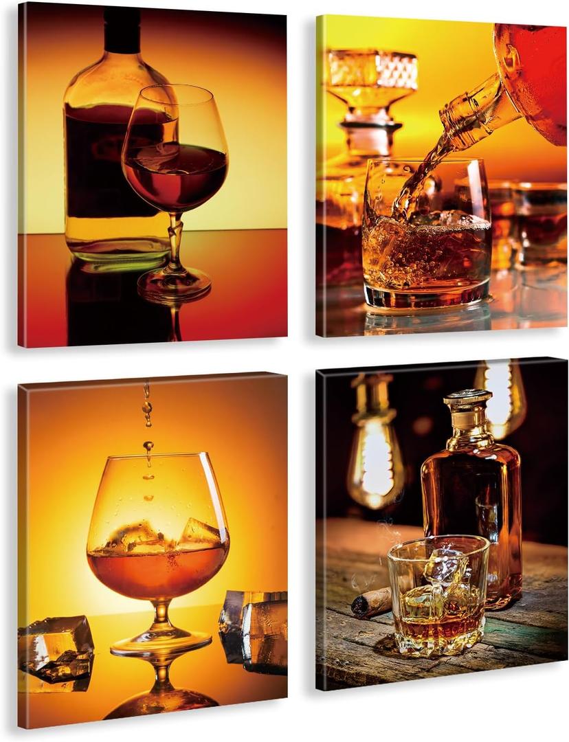 Framed Vintage Wine Whiskey Wall Art Prints, Wine Glass Whiskey Glass Still Life Canvas Posters for Kitchen Dining Room Bar Decoration, Men Cave Wall Decor, Set of 4-8x10 Inches (Colorful)