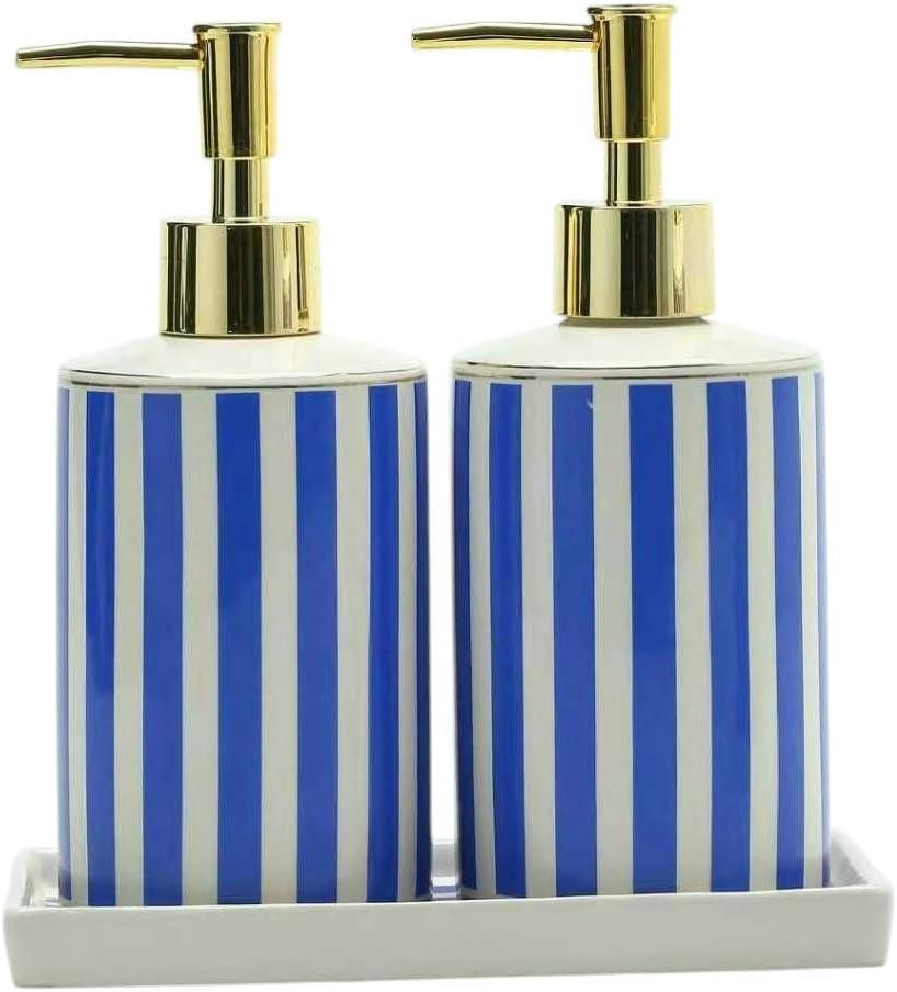 Coastal Blue & White Ceramic Soap Dispenser Set with Gold Pump 3-Piece Bathroom & Kitchen Accessories with Tray, Refillable Lotion & Dish Soap Pump Bottles for Beach House & Nautical Dcor